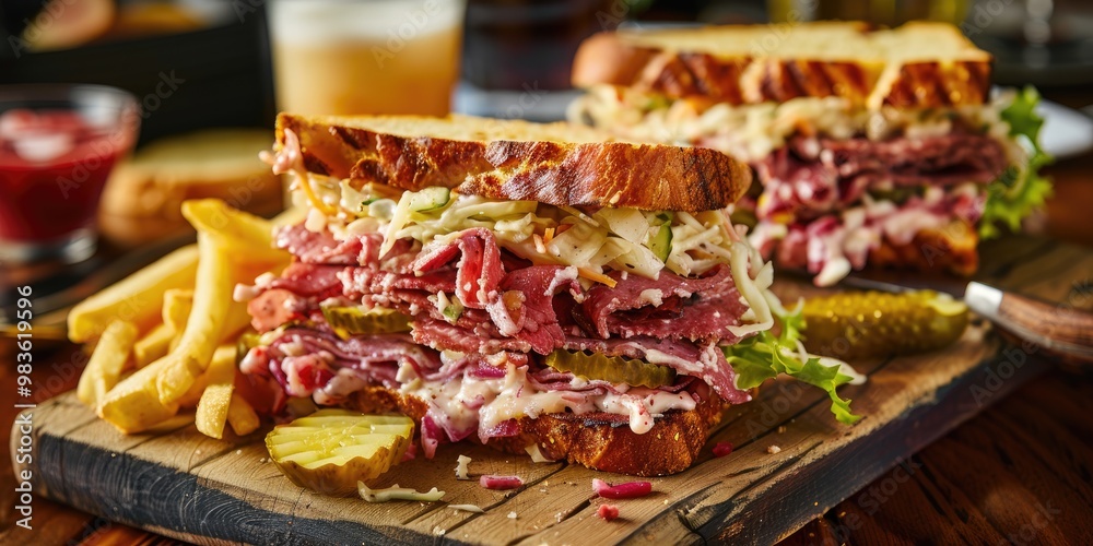 Tasty Reuben and Club Sandwiches Accompanied by Kosher Dill Pickle and Coleslaw on a Light Wooden Table in a Diner Tasty Reuben and Club Sandwiches Accompanied by Kosher Dill Pickle and Coleslaw on a Light Wooden Table in a Diner