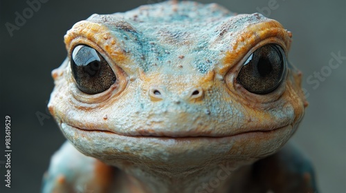 Close-up of a colorful frog with prominent eyes and textured skin.