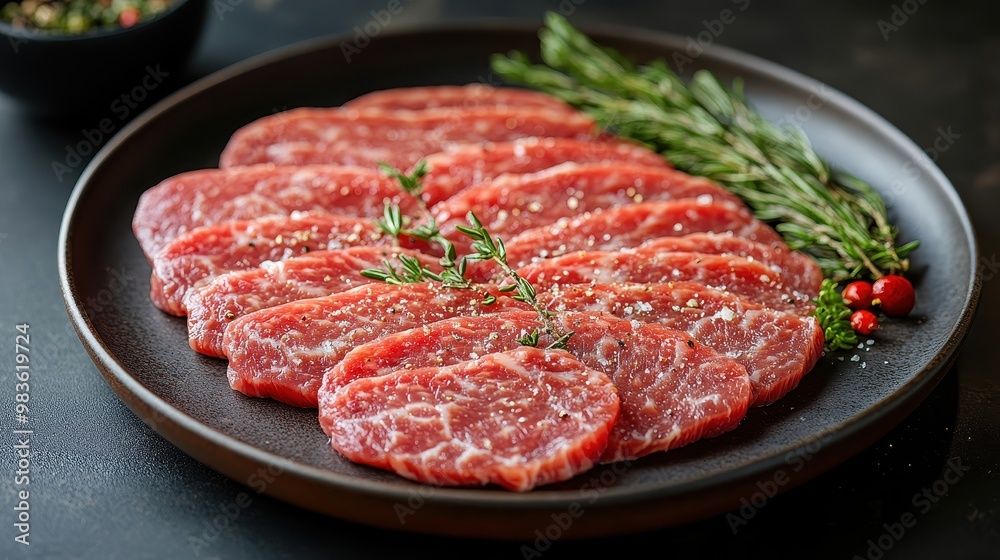 Sliced Raw Beef Fillet on Plate – Top View Isolated on Dark Background for Shabu-Shabu Sliced Raw Beef Fillet on Plate – Top View Isolated on Dark Background for Shabu-Shabu
