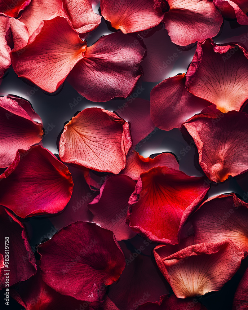 a high-contrast shot of dried rose petals placed on a glossy surface, with dramatic lighting creating reflections and highlights a high-contrast shot of dried rose petals placed on a glossy surface, with dramatic lighting creating reflections and highlights