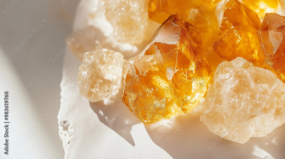 a high-end, editorial-style image of frankincense resin set against a white marble surface, with soft lighting creating subtle reflections