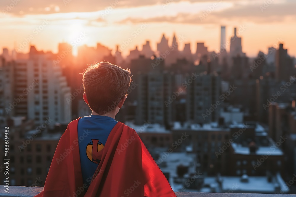 Fototapeta premium Young Superhero Gazing at Cityscape During Sunset