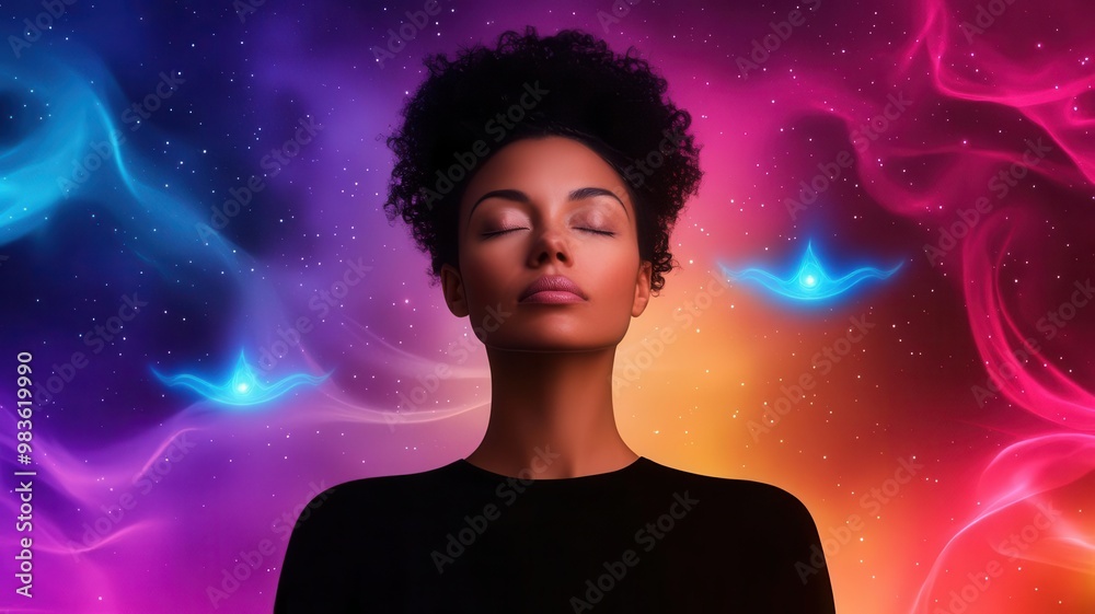 Psychic woman meditating, surrounded by floating energy waves, glowing mystical colors Psychic woman meditating, surrounded by floating energy waves, glowing mystical colors