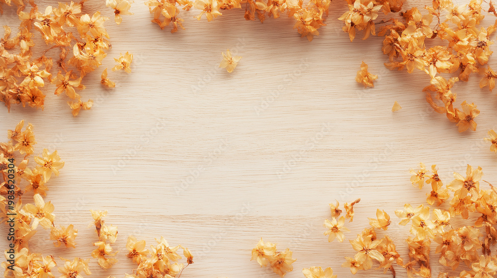 osmanthus tea: a scattered, natural frame of dried osmanthus flowers on a light wooden surface