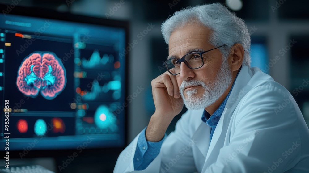 Senior Scientist Analyzing Brain Scan Data on Computer Screen Senior Scientist Analyzing Brain Scan Data on Computer Screen