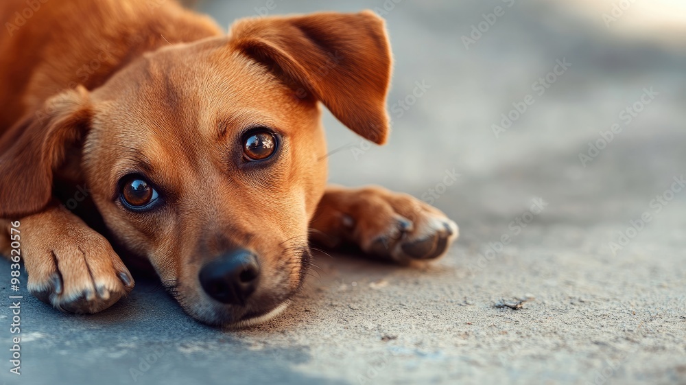 Adorable brown puppy lying on ground, looking up Adorable brown puppy lying on ground, looking up