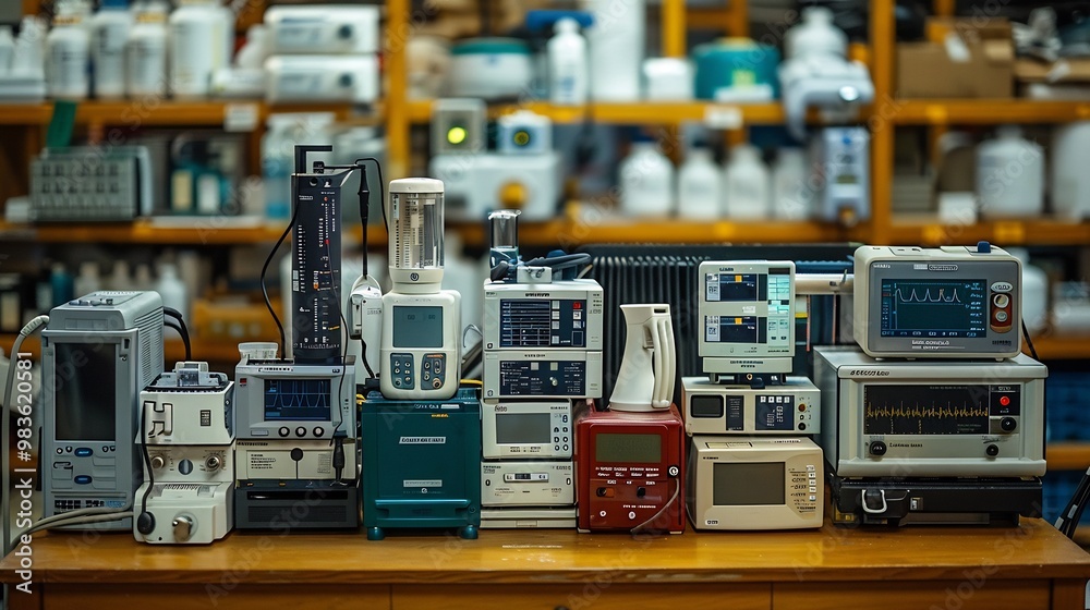 Collection of modern medical devices neatly displayed on a table symbolizing the technological advancements in healthcare Collection of modern medical devices neatly displayed on a table symbolizing the technological advancements in healthcare