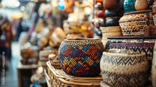 Colorful handmade baskets on display, showcasing intricate designs and craftsmanship in a vibrant market setting.