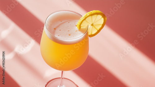 a glass of sour beer with a light pink hue and a slice of lemon garnish against an isolated soft coral background photo