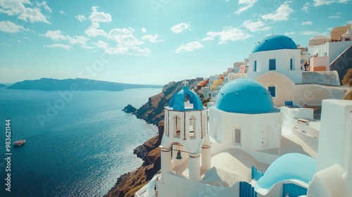 Santorini Vista with Blue Domes, a breathtaking view of iconic blue-domed churches perched on cliffs, overlooking the stunning azure waters of the Aegean Sea in Greece