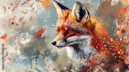  Red fox face: oil painting, vibrant paint splashes, nature wildlife illustration.