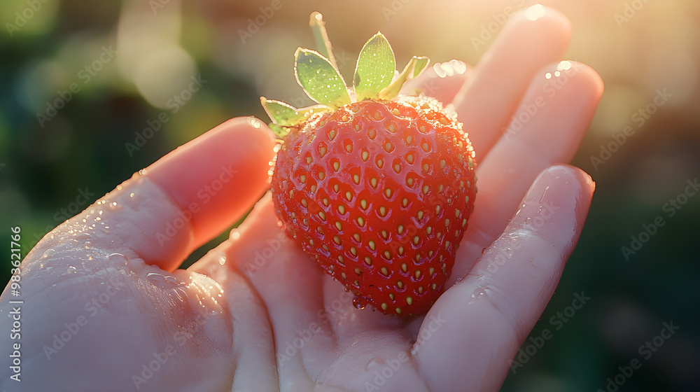 Obraz premium Macro shot of a strawberry resting on an outstretched palm, with water droplets glistening
