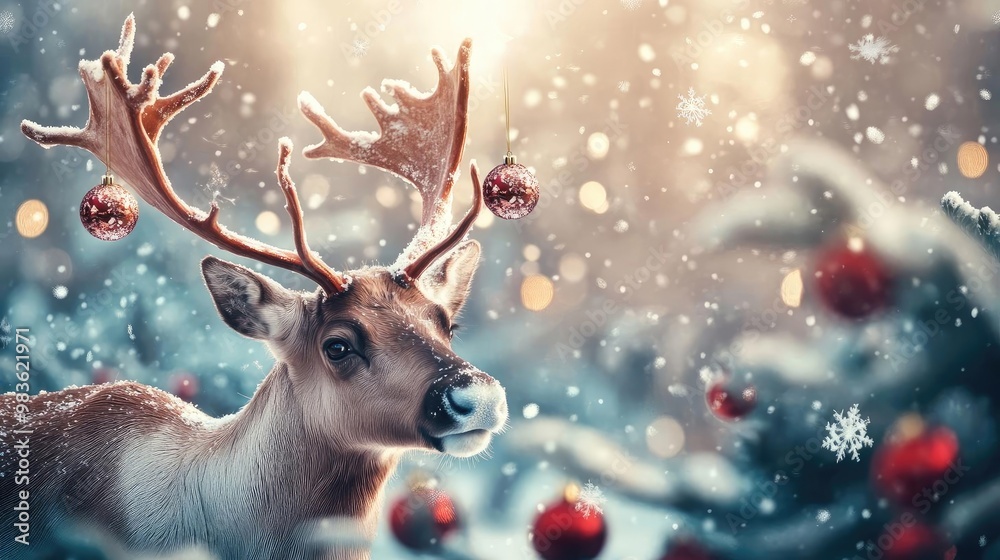A charming reindeer amidst a beautiful winter landscape, surrounded by snowflakes and festive ornaments, capturing the spirit of Christmas.