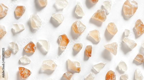 a photographic pattern of benzoin resin scattered across a white background