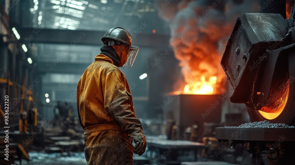 Steelworker In Industrial Foundry With Molten Metal Steelworker In Industrial Foundry With Molten Metal