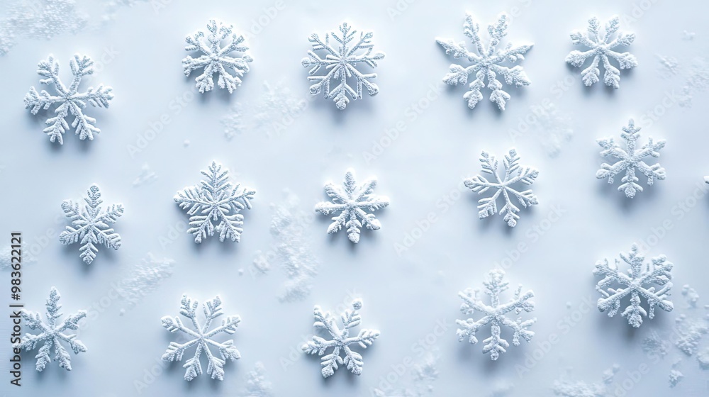 A mesmerizing arrangement of unique snowflakes on a pristine white background, showcasing the beauty of winter's delicate patterns. A mesmerizing arrangement of unique snowflakes on a pristine white background, showcasing the beauty of winter's delicate patterns.