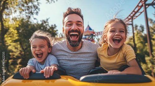 Exciting family adventure  father and kids enjoy thrilling rollercoaster ride at amusement park