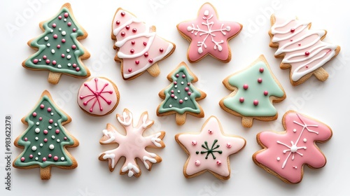 Colorful holiday cookies shaped like Christmas trees, stars, and snowflakes, decorated with icing and sprinkles.