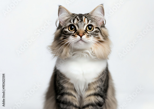 A close-up portrait of a beautiful, fluffy cat with striking eyes and a calm demeanor, showcasing its unique fur patterns.
