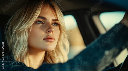 Elegant blonde woman confidently driving with hands firmly on the steering wheel