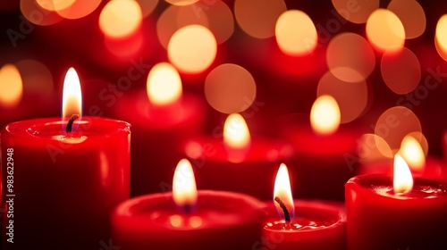 Warm and romantic background of flickering red candles creating a cozy atmosphere