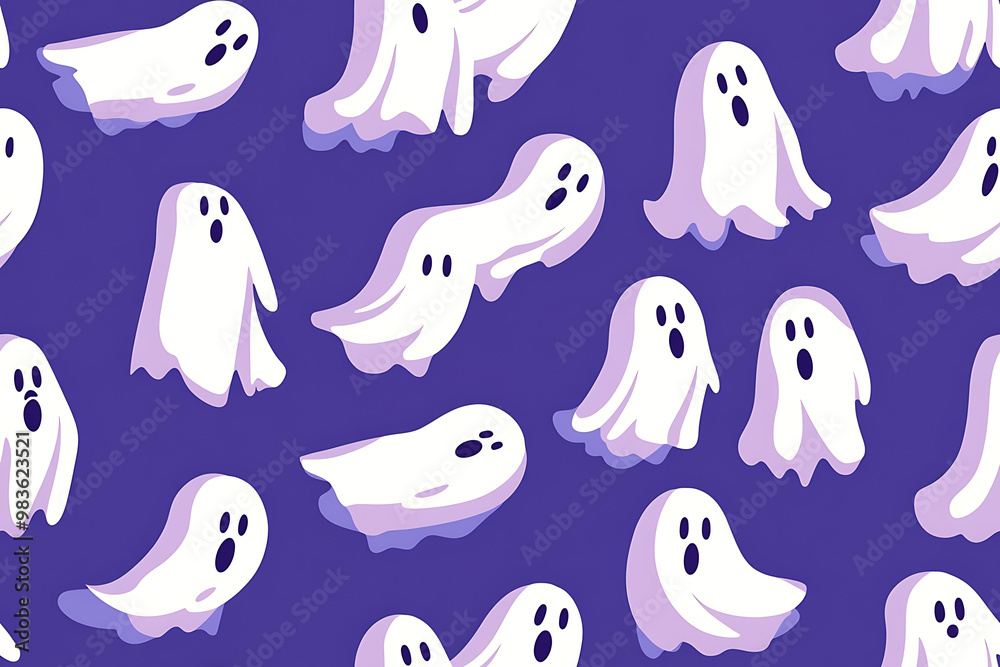 A playful pattern of various cartoon ghosts with expressive faces on a background. The ghosts have wide eyes and open mouths, evoking surprise or fright. Ideal for Halloween designs A playful pattern of various cartoon ghosts with expressive faces on a background. The ghosts have wide eyes and open mouths, evoking surprise or fright. Ideal for Halloween designs