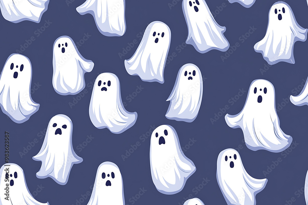 A playful pattern of various cartoon ghosts with expressive faces on a background. The ghosts have wide eyes and open mouths, evoking surprise or fright. Ideal for Halloween designs A playful pattern of various cartoon ghosts with expressive faces on a background. The ghosts have wide eyes and open mouths, evoking surprise or fright. Ideal for Halloween designs