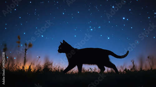 A black cat is walking through a field of grass at night photo