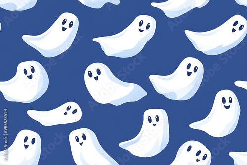 A playful pattern of various cartoon ghosts with expressive faces on a background. The ghosts have wide eyes and open mouths, evoking surprise or fright. Ideal for Halloween designs