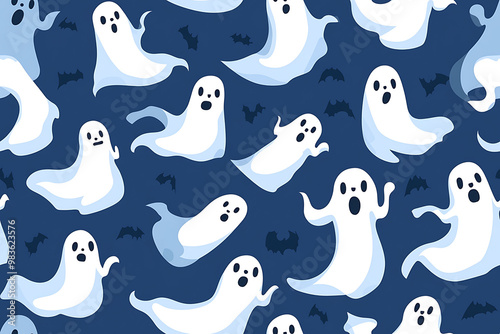 A playful pattern of various cartoon ghosts with expressive faces on a background. The ghosts have wide eyes and open mouths, evoking surprise or fright. Ideal for Halloween designs