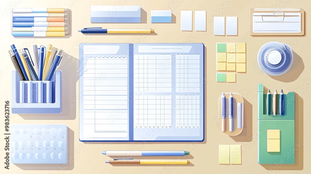 Top view of an organized workspace with stationery, a notebook, sticky notes, pens, pencils, and other office supplies. Top view of an organized workspace with stationery, a notebook, sticky notes, pens, pencils, and other office supplies.