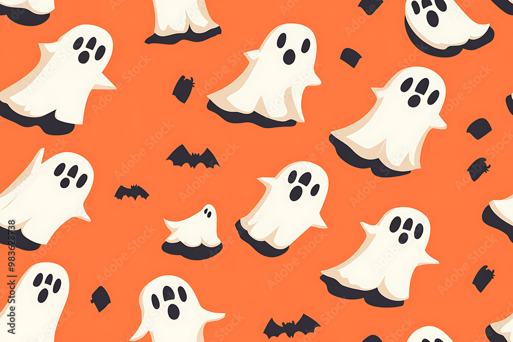 A playful pattern of various cartoon ghosts with expressive faces on a background. The ghosts have wide eyes and open mouths, evoking surprise or fright. Ideal for Halloween designs