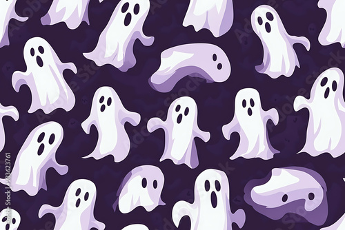 A playful pattern of various cartoon ghosts with expressive faces on a background. The ghosts have wide eyes and open mouths, evoking surprise or fright. Ideal for Halloween designs