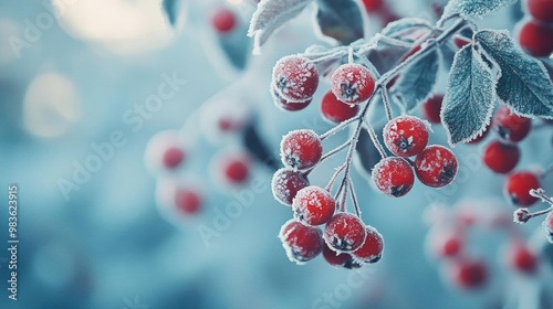 Frost-covered red berries cling to a branch in a serene winter landscape, showcasing nature's beauty in cold weather.