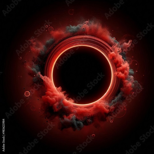 Fractal Burst of Energy in a Futuristic red and Black Space with Glowing Circles and Swirling Patterns photo