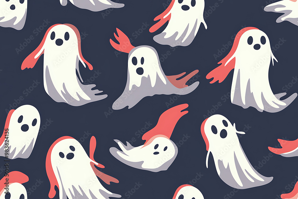 A playful pattern of various cartoon ghosts with expressive faces on a background. The ghosts have wide eyes and open mouths, evoking surprise or fright. Ideal for Halloween designs. AI-generated A playful pattern of various cartoon ghosts with expressive faces on a background. The ghosts have wide eyes and open mouths, evoking surprise or fright. Ideal for Halloween designs. AI-generated