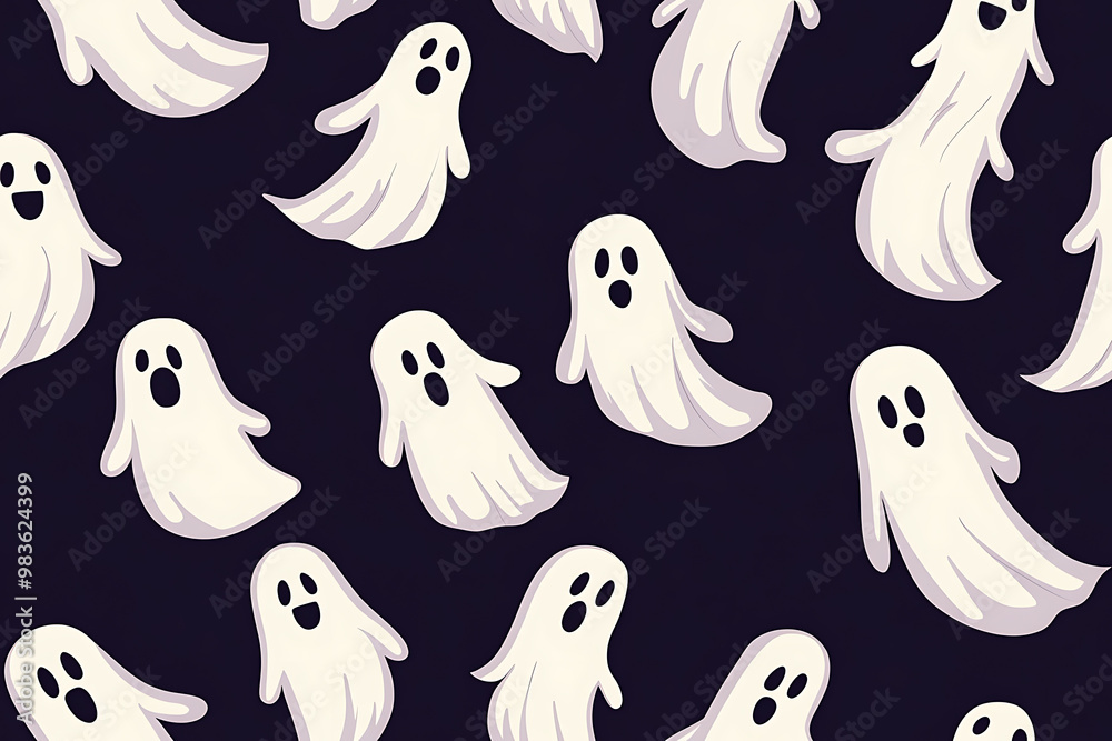 A playful pattern of various cartoon ghosts with expressive faces on a background. The ghosts have wide eyes and open mouths, evoking surprise or fright. Ideal for Halloween designs. AI-generated A playful pattern of various cartoon ghosts with expressive faces on a background. The ghosts have wide eyes and open mouths, evoking surprise or fright. Ideal for Halloween designs. AI-generated