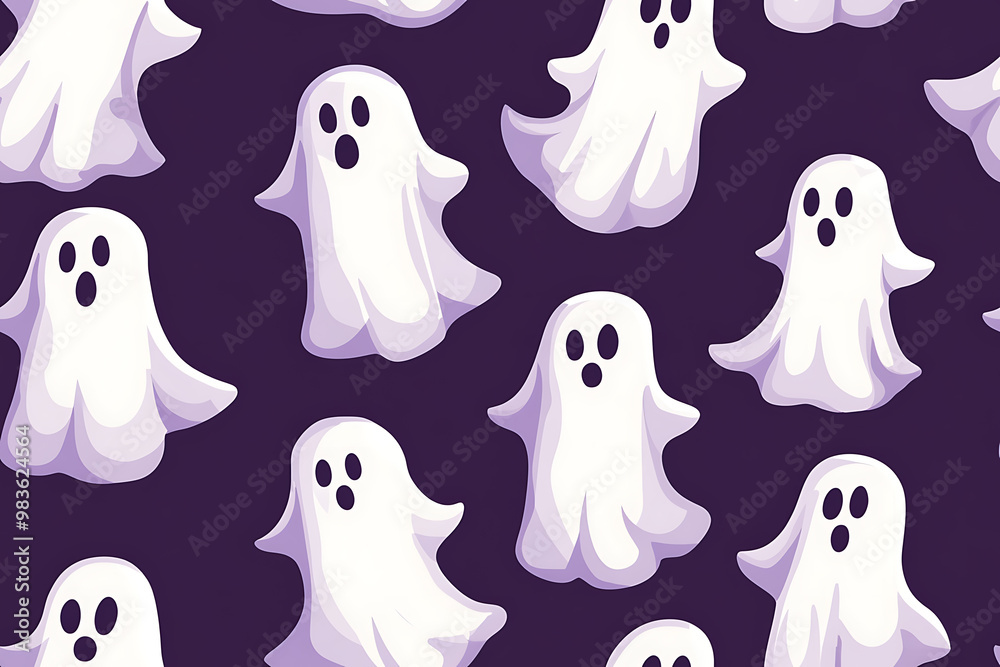 A playful pattern of various cartoon ghosts with expressive faces on a background. The ghosts have wide eyes and open mouths, evoking surprise or fright. Ideal for Halloween designs A playful pattern of various cartoon ghosts with expressive faces on a background. The ghosts have wide eyes and open mouths, evoking surprise or fright. Ideal for Halloween designs