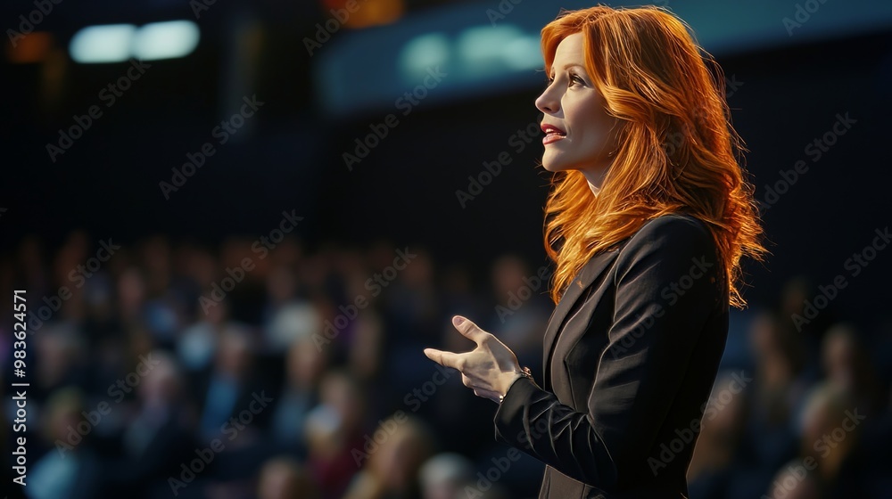 Confident redhead businesswoman delivers inspiring keynote address at diverse conference audience Confident redhead businesswoman delivers inspiring keynote address at diverse conference audience