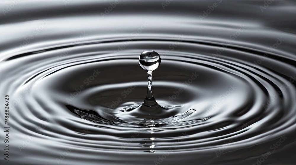 A close-up of a water droplet creating ripples in a calm surface. A close-up of a water droplet creating ripples in a calm surface.