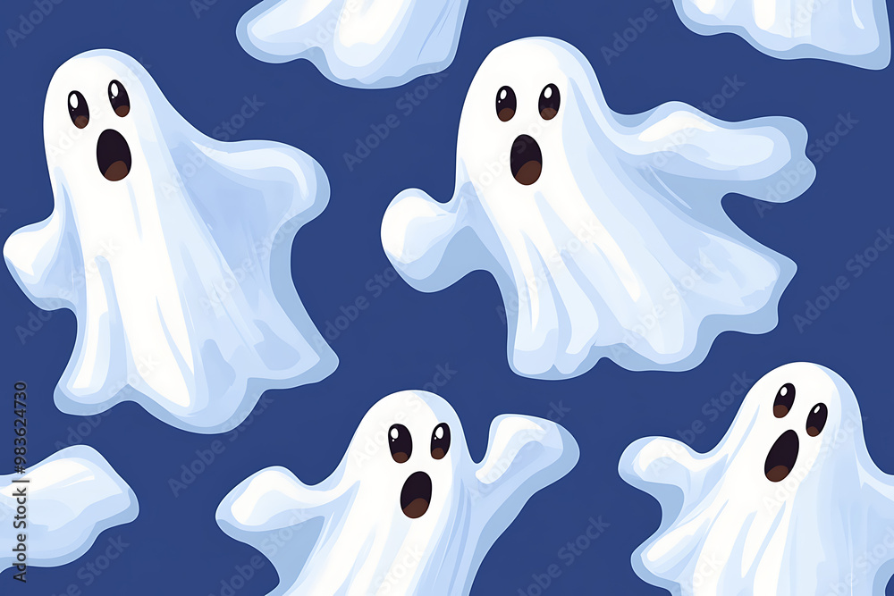 A playful pattern of various cartoon ghosts with expressive faces on a background. The ghosts have wide eyes and open mouths, evoking surprise or fright. Ideal for Halloween designs. AI-generated A playful pattern of various cartoon ghosts with expressive faces on a background. The ghosts have wide eyes and open mouths, evoking surprise or fright. Ideal for Halloween designs. AI-generated