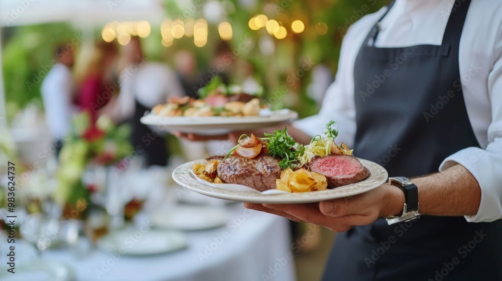 Waiter serving meat dishes at a festive party or wedding reception in a restaurant setting Waiter serving meat dishes at a festive party or wedding reception in a restaurant setting
