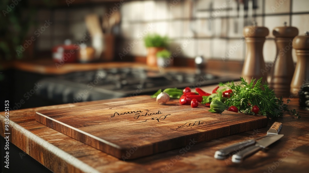 A wooden cutting board with a handwritten message on it A wooden cutting board with a handwritten message on it