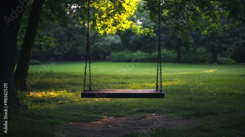 A wooden swing is suspended in the air in a park