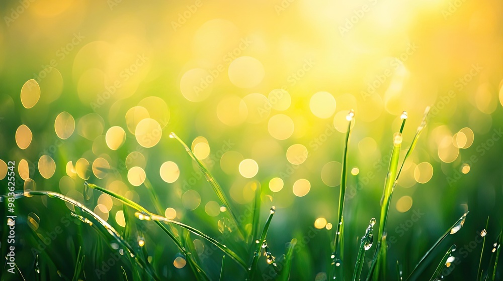 Obraz premium A serene close-up of dewy grass illuminated by soft sunlight, creating a dreamy and tranquil atmosphere, perfect for nature themes.