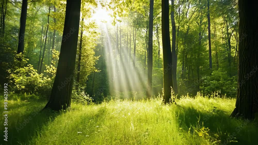 Sunlight filters through trees in a peaceful forest during the early morning hours of a serene spring day