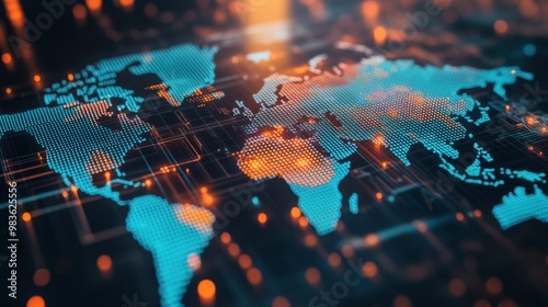 A computer generated image of the world with a blue and orange color scheme