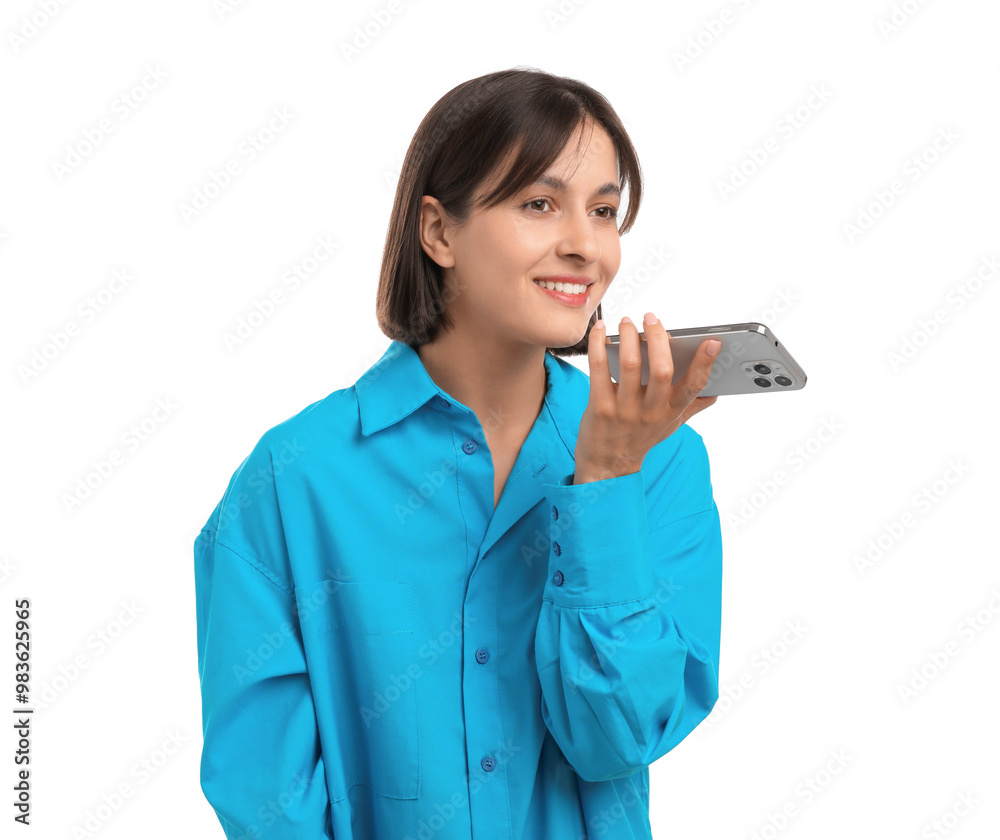 Beautiful woman recording voice message via smartphone on white background Beautiful woman recording voice message via smartphone on white background