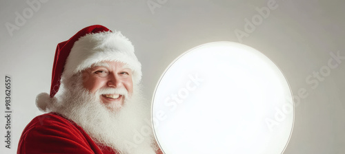 Santa holds a bright orb in a snowy, enchanting atmosphere, his warm smile and red suit adding to the sense of festive wonder. photo