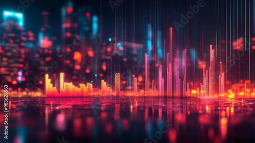 A vibrant night view of a modern city, digitally enhanced with data streams flowing along skyscrapers, symbolizing the integration of technology and connectivity.